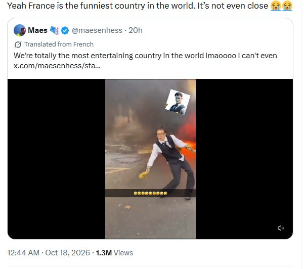 The same man dancing in front of smoke and fire at a protest, shared as a viral post