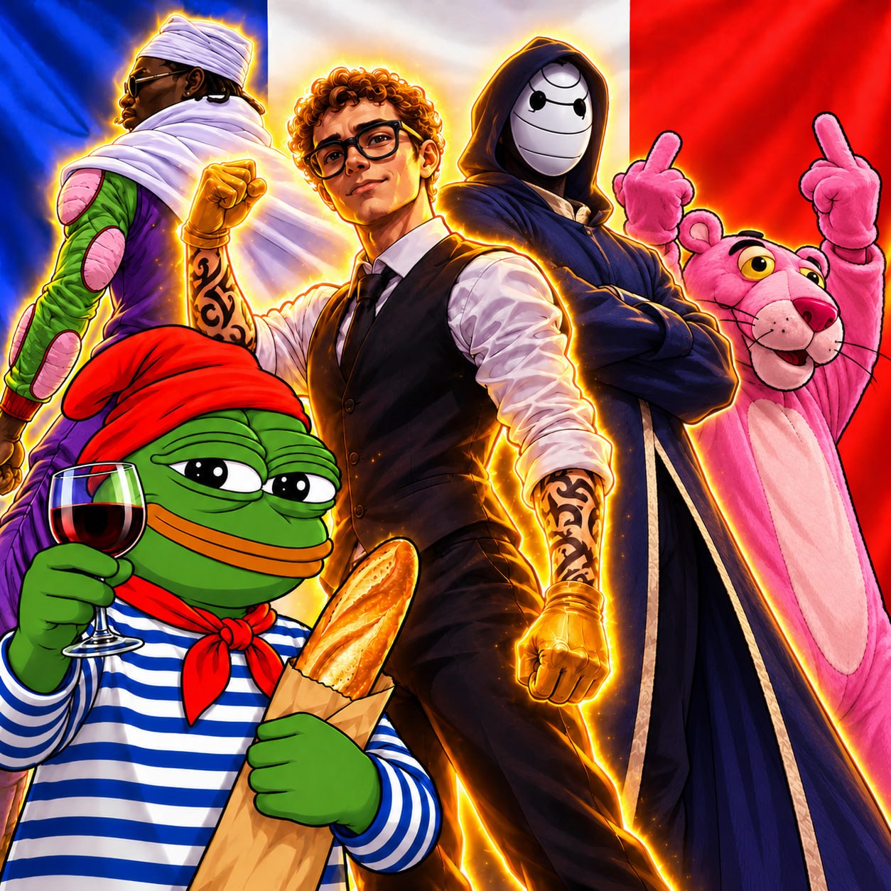French-themed meme characters assembled against a blue, white and red background